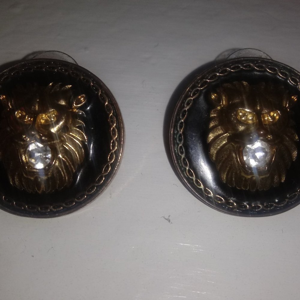 Black and gold lion earrings with diamonds